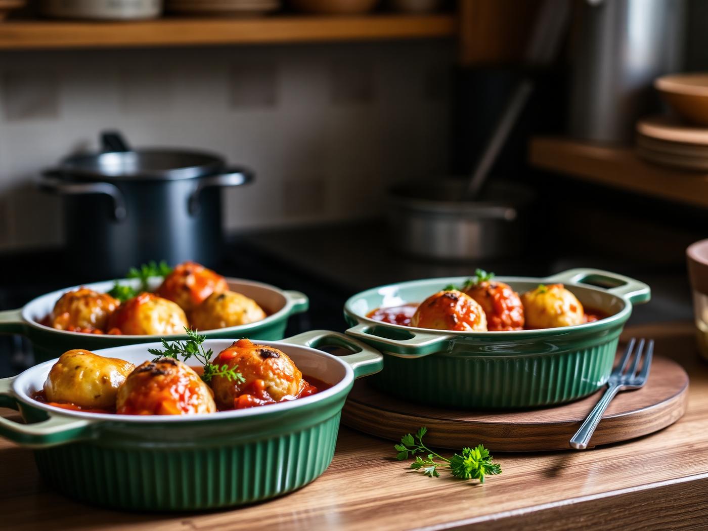 Vogelnestjes in tomatensaus in aardewerken schaaltjes